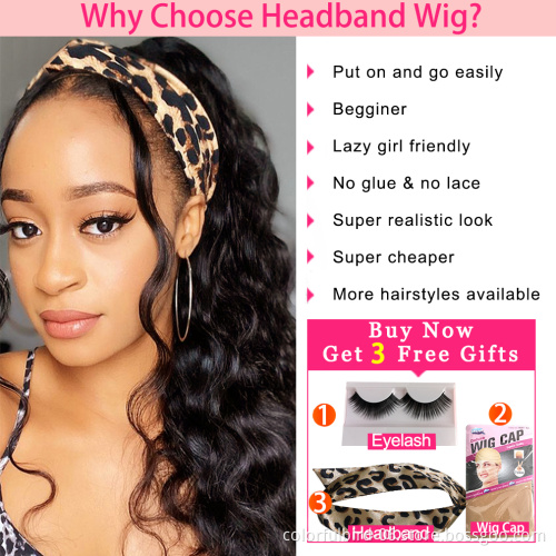 HLN Long loose deep wave Human Hair Half Wig With Scarf Headband Hair Cuticle Aligned Headband Wig